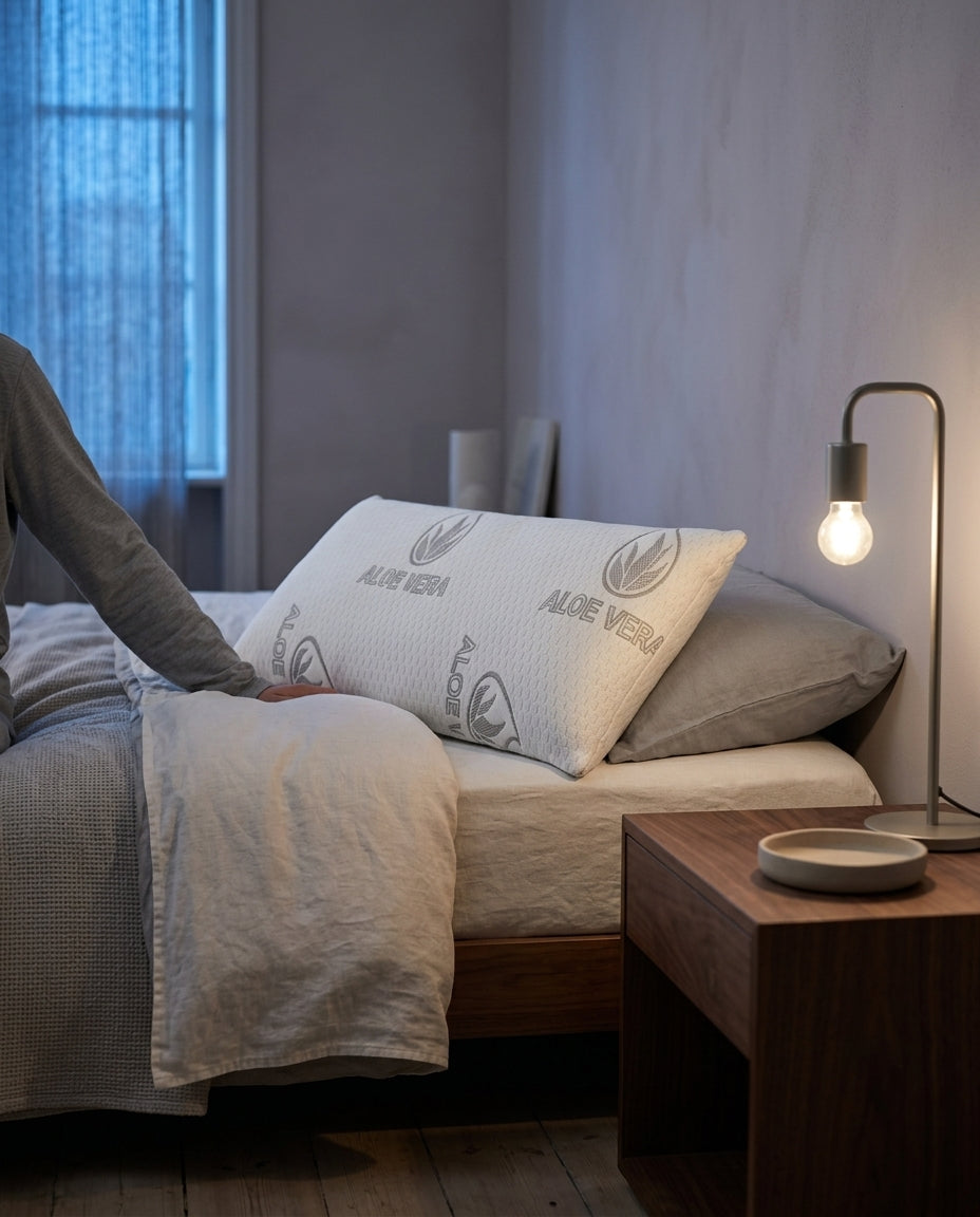 Almohada viscoelástica con aloe vera y firmeza media Aloe, sobre una mesita de noche con la lámpara encendida
