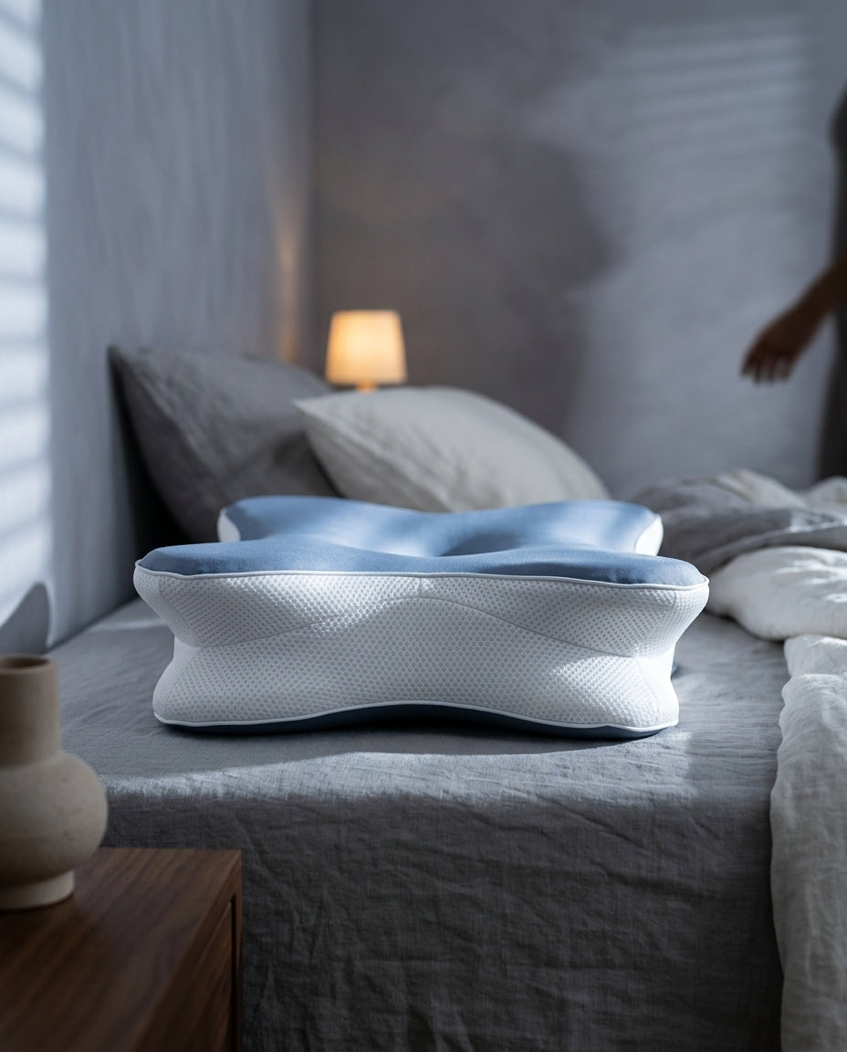 Almohada cervical mariposa de espuma viscoelástica con funda fría Nube, de perfil a la altura del colchón