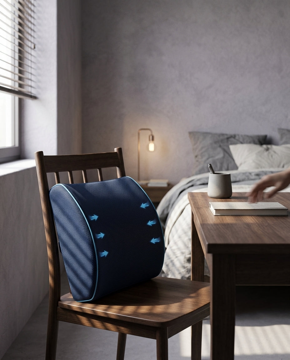 Cojín lumbar de espuma viscoelástica Lumbar, en una silla de madera junto a un escritorio