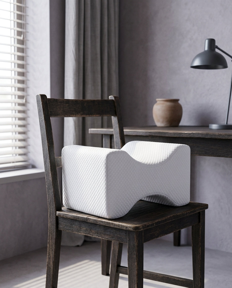 Cojín ortopédico compacto para rodillas Rodilla, en una silla de madera junto a un escritorio