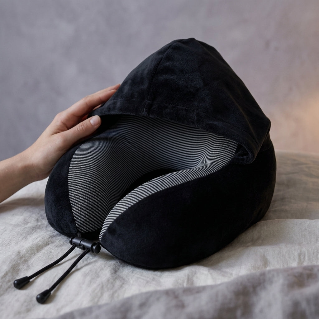 Almohada de viaje en U con capucha Capucha, detalle de relleno: espuma de memoria · material: poliéster / algodón