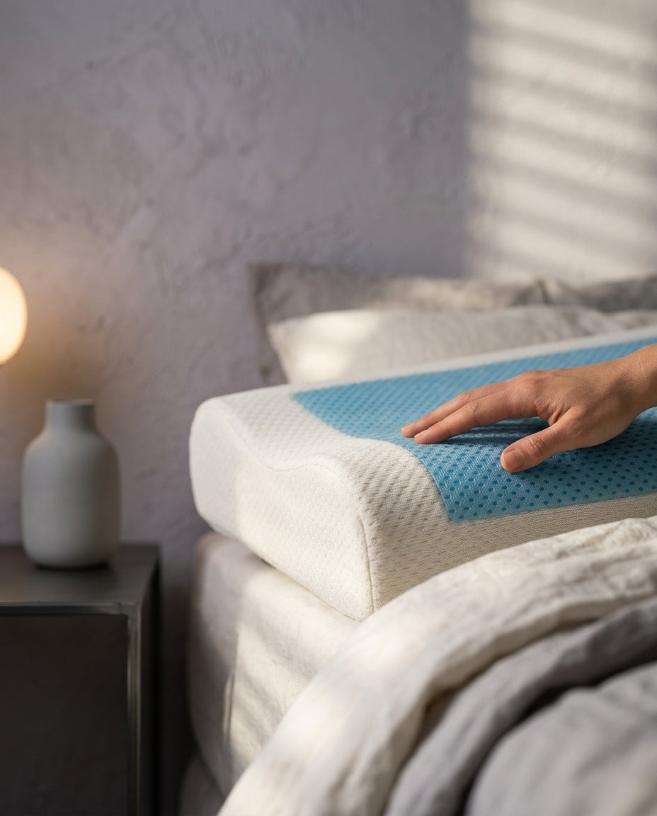Almohada cervical viscoelástica con gel refrescante Fresco, detalle del tejido y la espuma