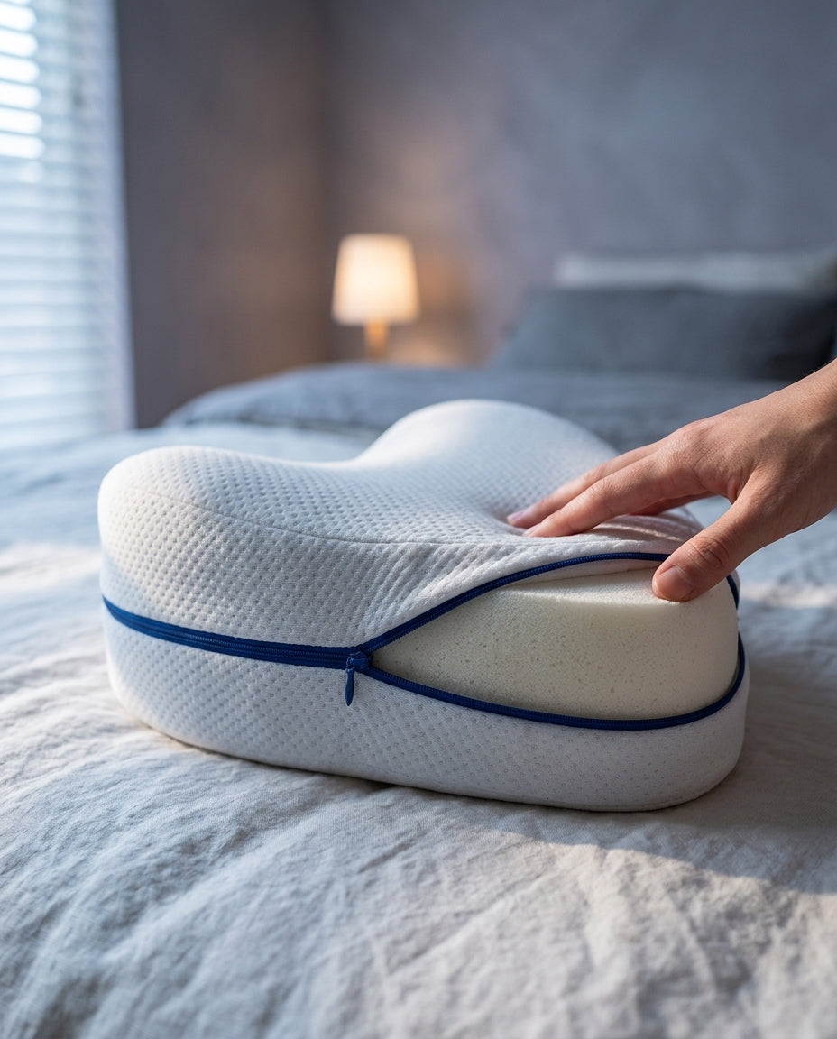 Cojín ergonómico para piernas y rodillas Descanso, detalle de espuma viscoelástica (memory foam, según breve descripción)