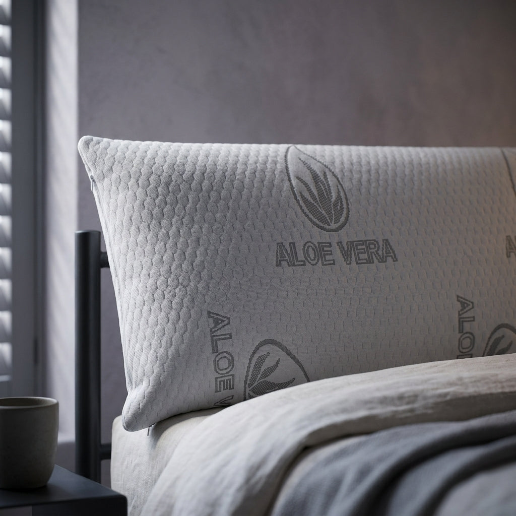 Almohada viscoelástica con aloe vera y firmeza media Aloe, detalle del tejido y la espuma