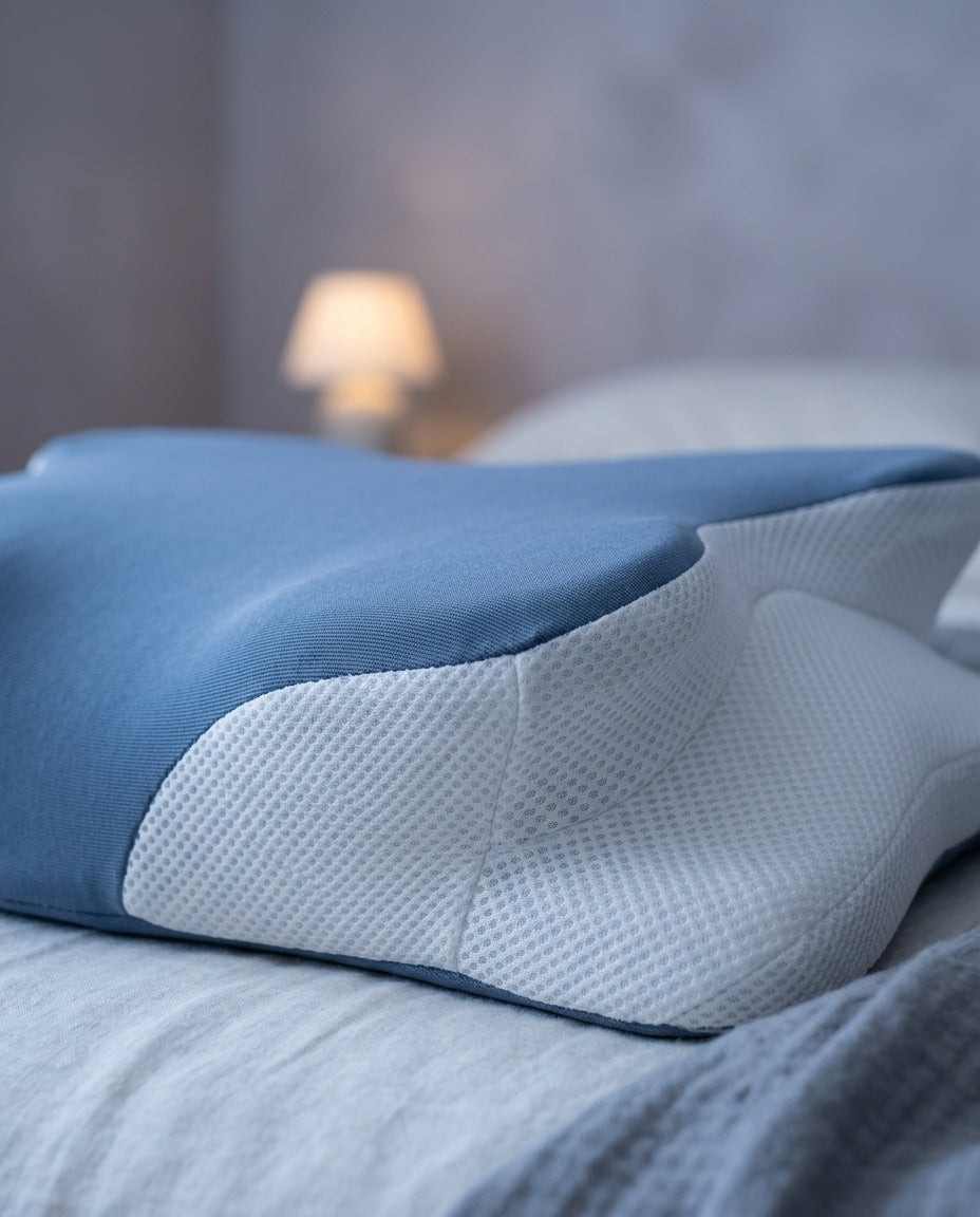 Almohada cervical mariposa de espuma viscoelástica con funda fría Nube, detalle del tejido y la espuma