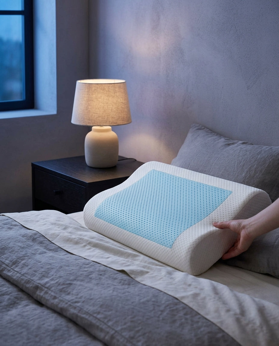 Almohada cervical viscoelástica con gel refrescante Fresco, sobre una mesita de noche con la lámpara encendida