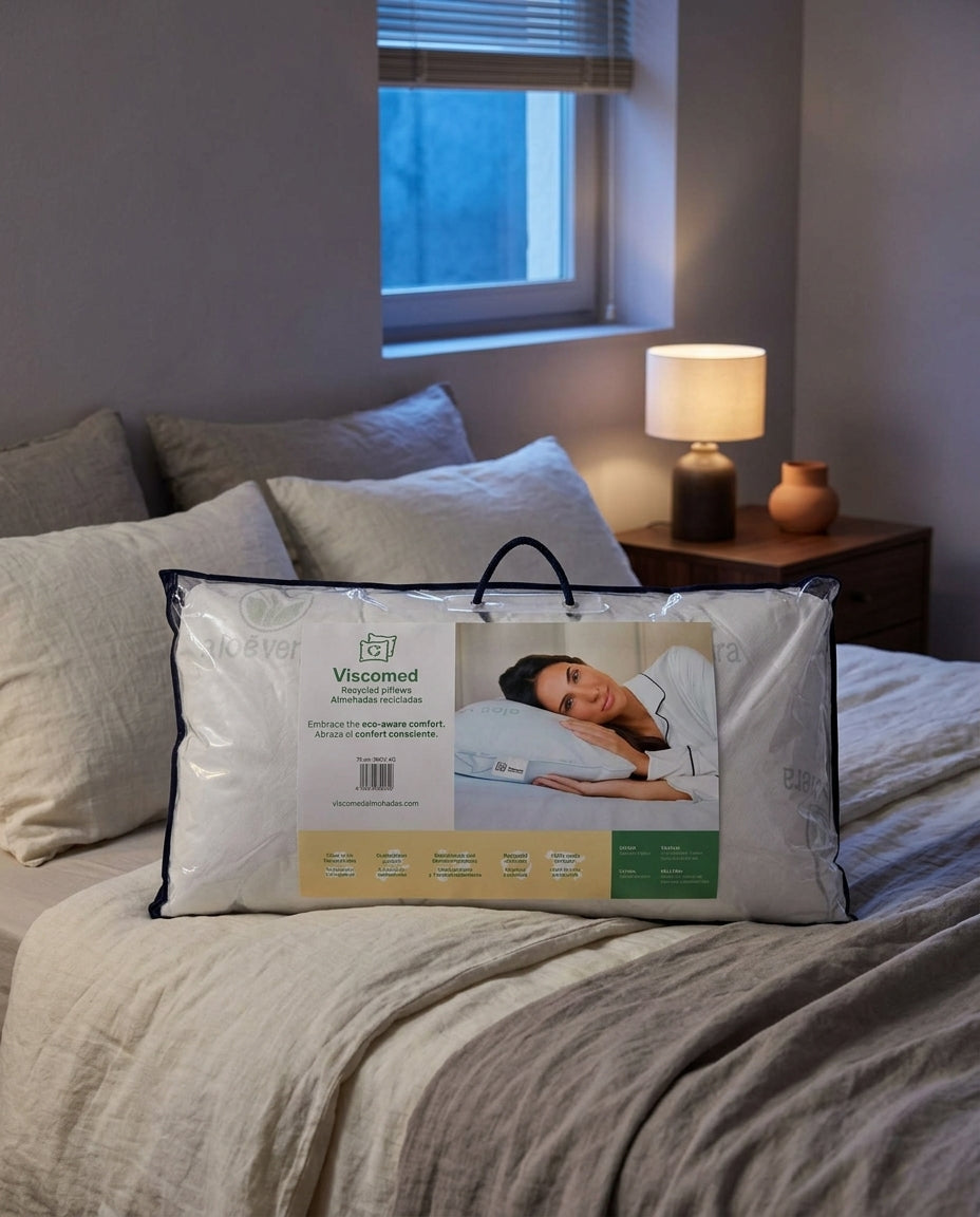 Almohada de copos viscoelásticos Viscomed, sobre una mesita de noche con la lámpara encendida