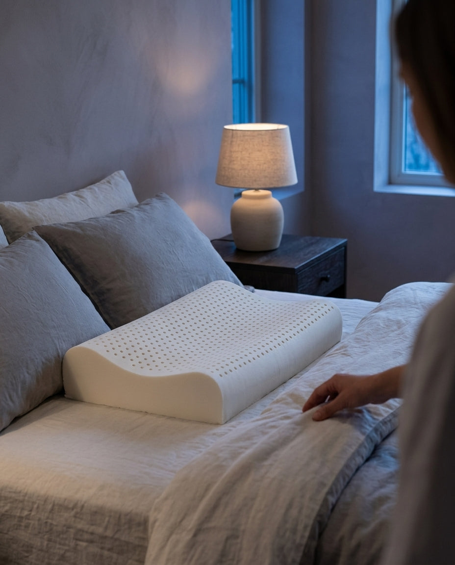 Almohada cervical de látex natural Savia, sobre una mesita de noche con la lámpara encendida
