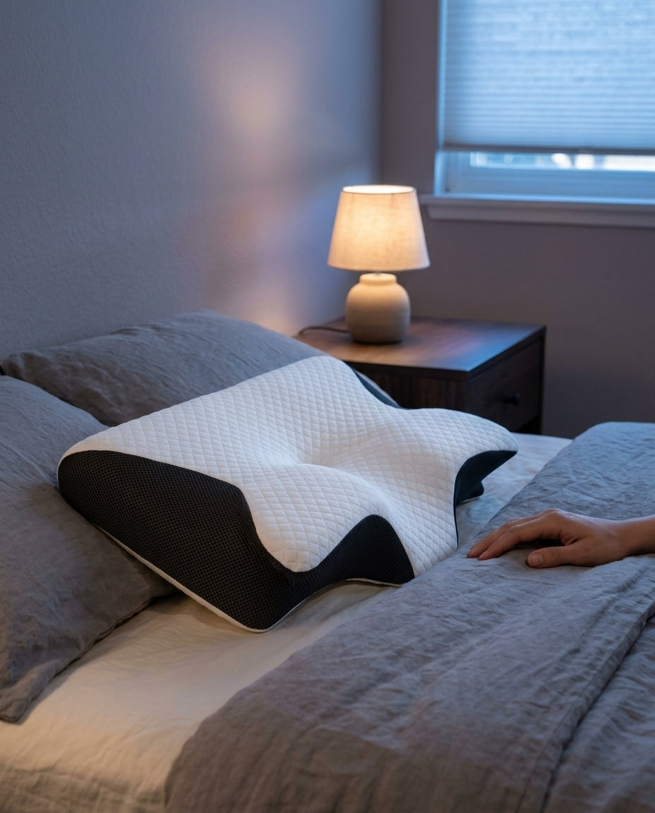 Almohada cervical mariposa de rebote lento Onda, sobre una mesita de noche con la lámpara encendida