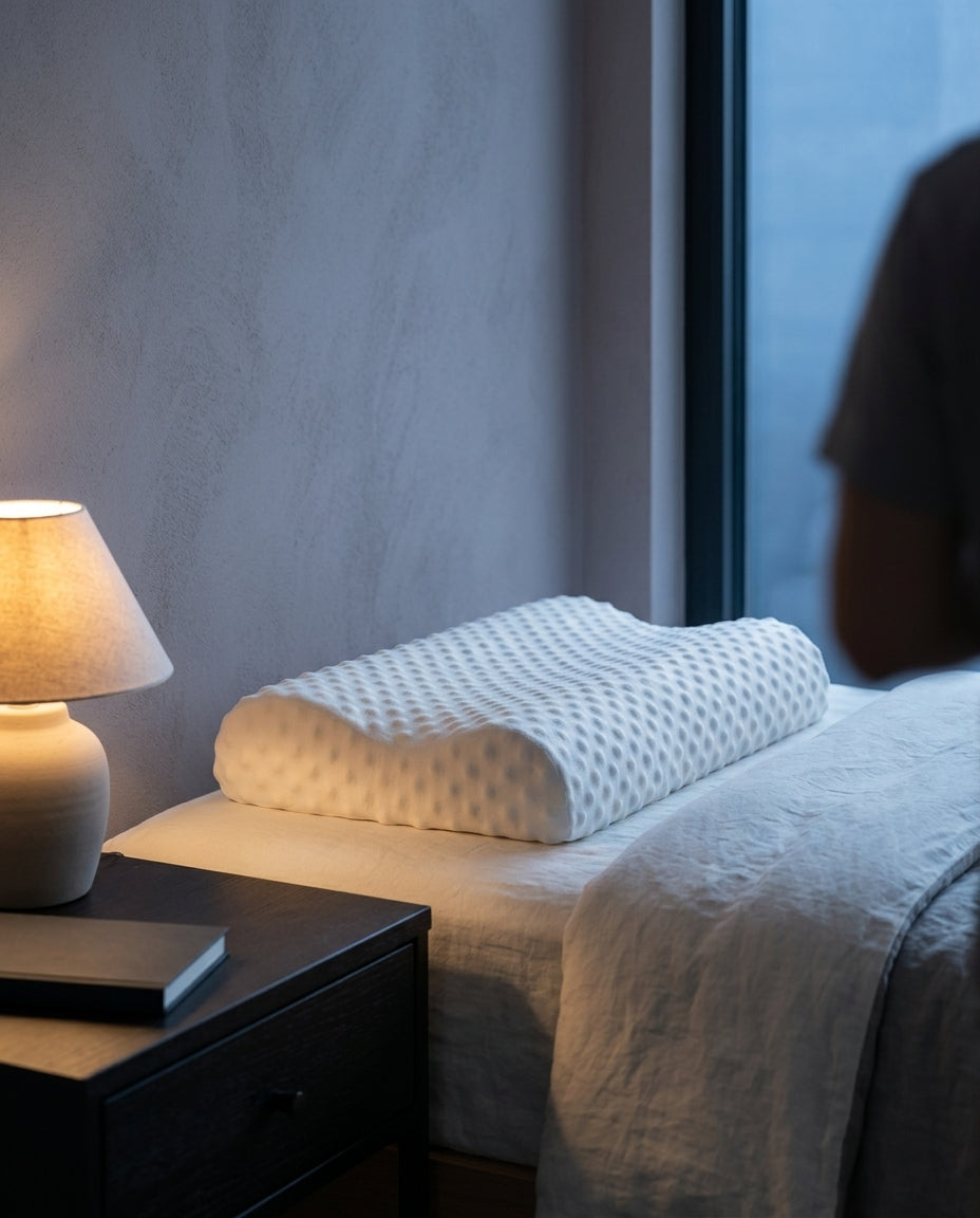 Almohada cervical de altura ajustable Ajuste, sobre una mesita de noche con la lámpara encendida