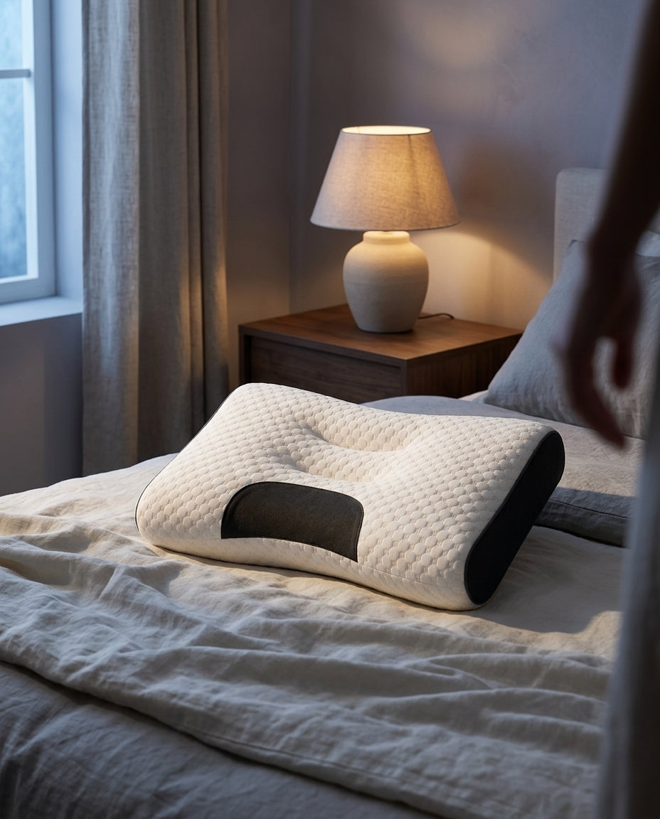 Almohada cervical ergonómica de 61 × 38 cm Vega, sobre una mesita de noche con la lámpara encendida