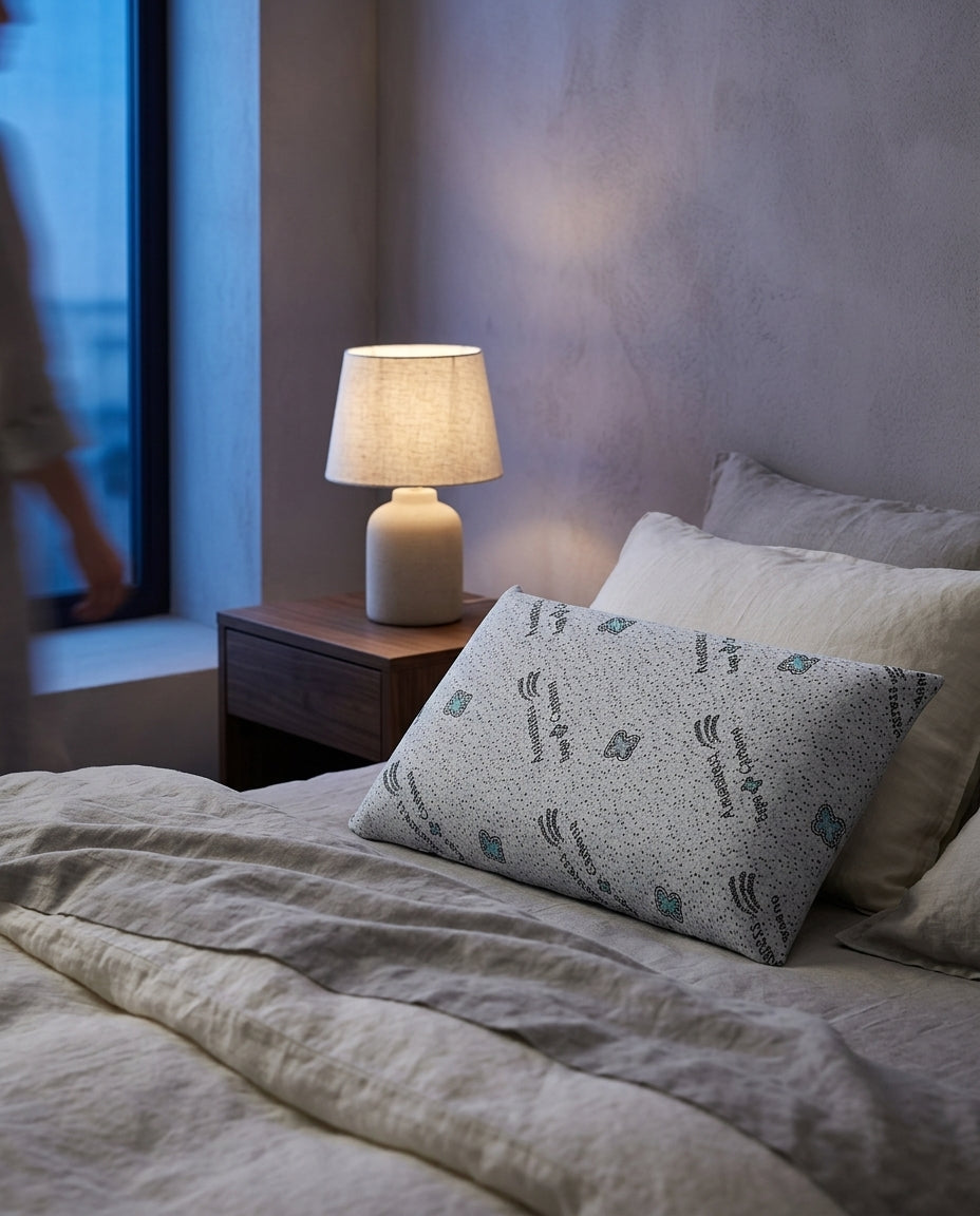 Almohada viscoelástica compacta de 50 × 30 cm Mini, sobre una mesita de noche con la lámpara encendida