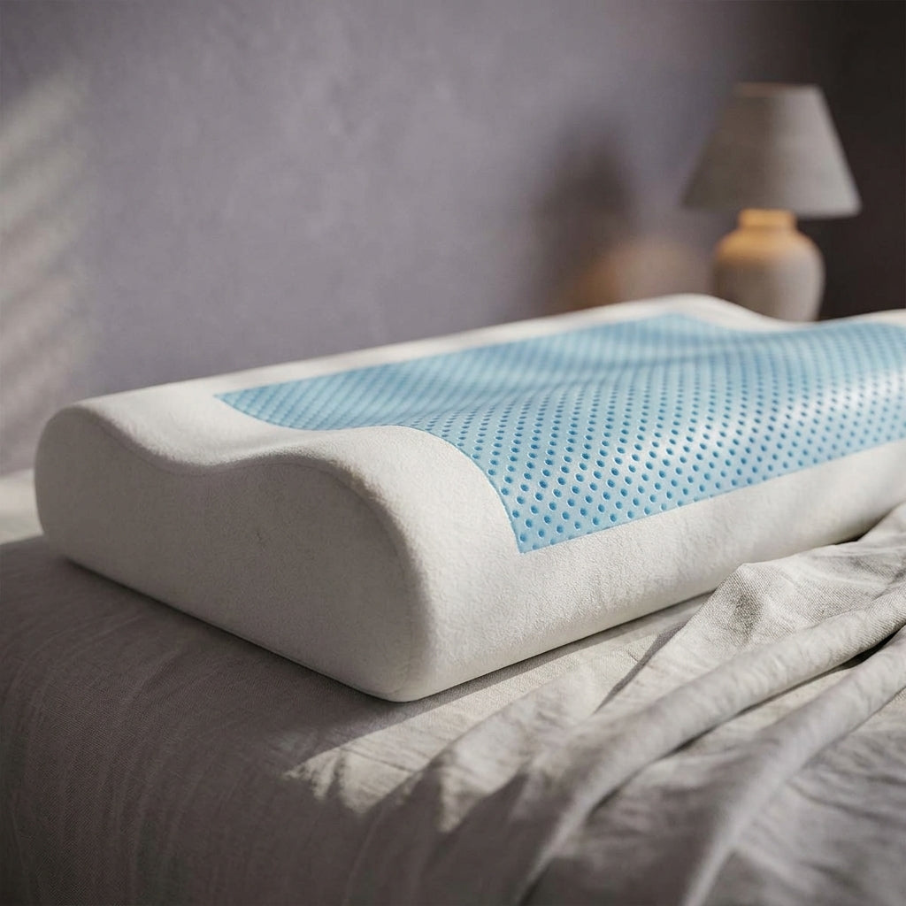 Almohada cervical viscoelástica con gel refrescante Fresco, detalle del tejido y la espuma