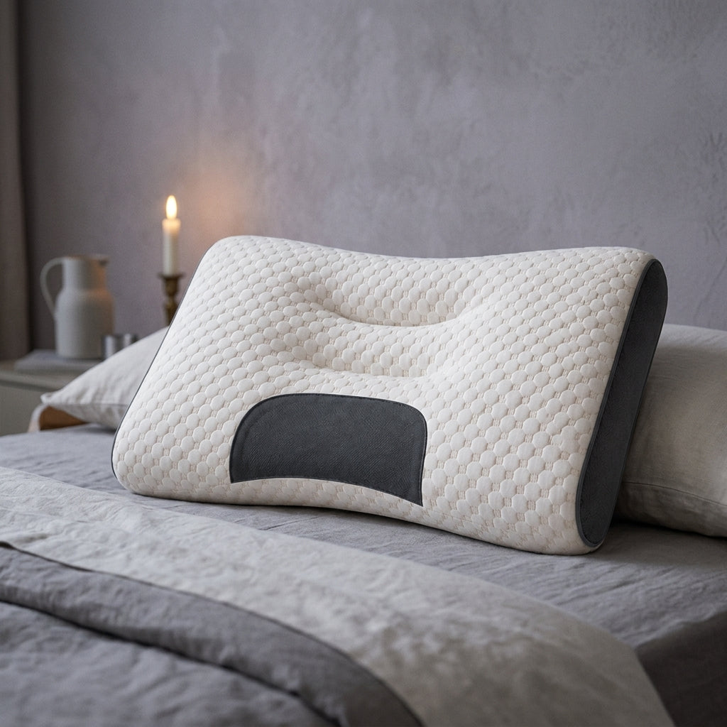 Almohada cervical ergonómica de 61 × 38 cm Vega, detalle del tejido y la espuma