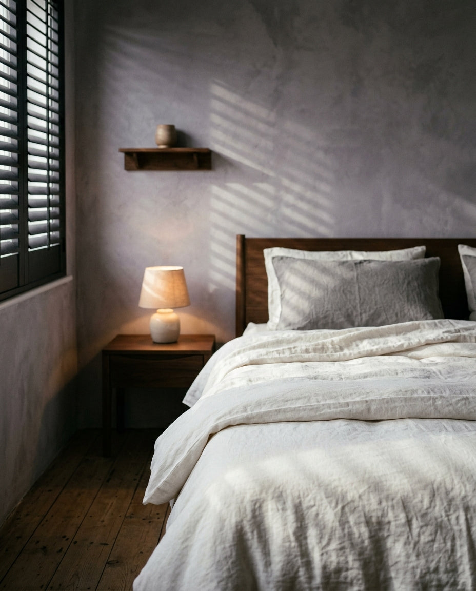 Cama hecha con ropa de cama de lino en un dormitorio gris con la primera luz de la mañana