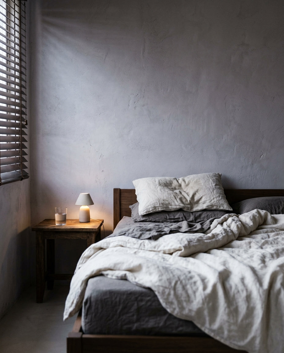 Cama deshecha al amanecer con una almohada que conserva la huella de la noche