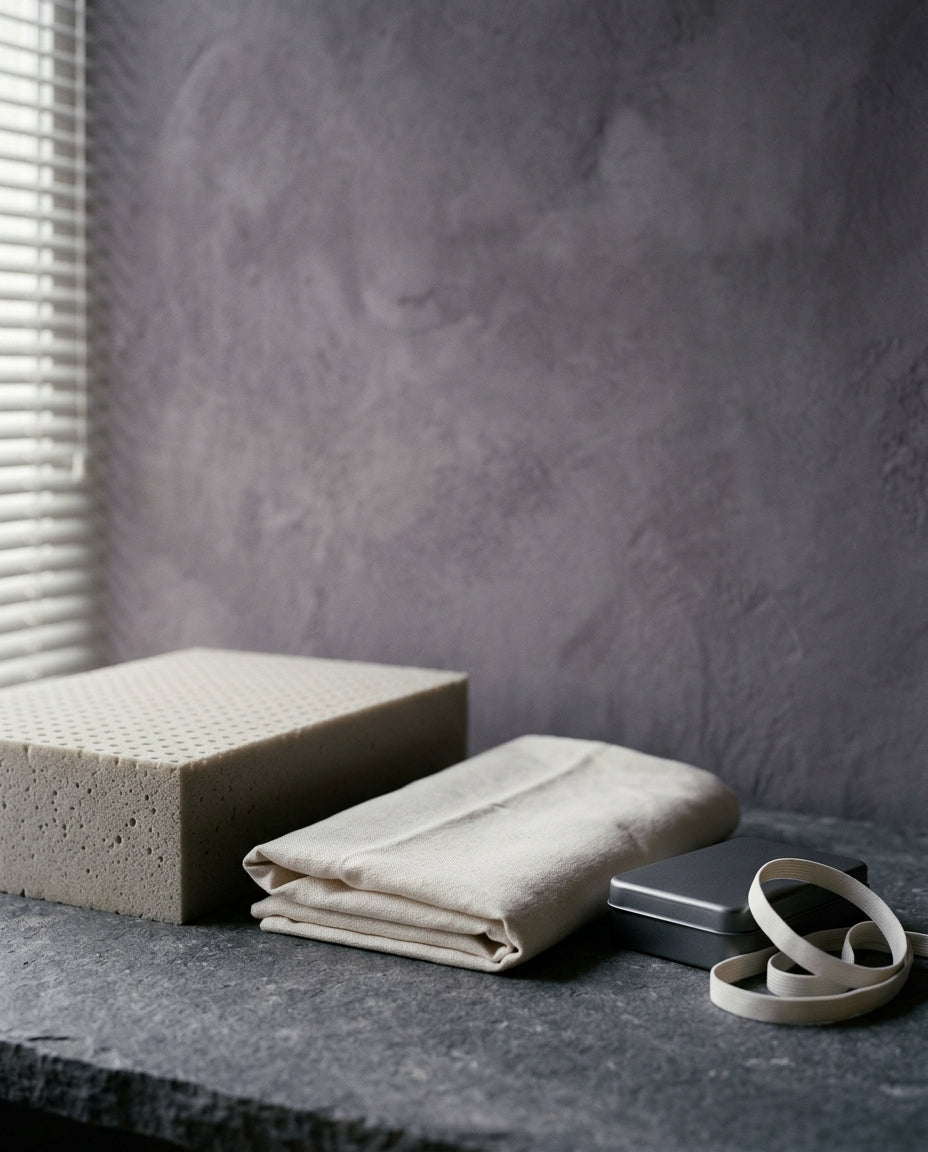 Bodegón de espuma viscoelástica, funda de algodón y estuche de aluminio sobre una superficie de piedra